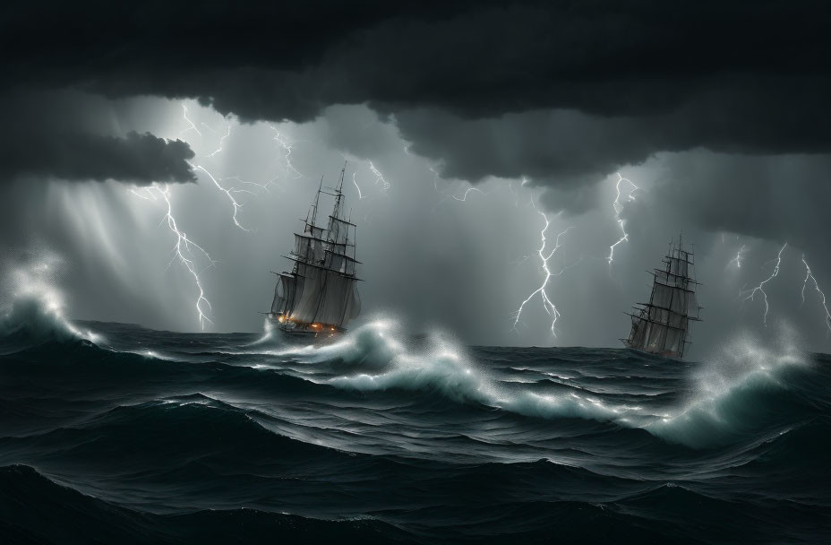 Tall ships in stormy seas with lightning and towering waves