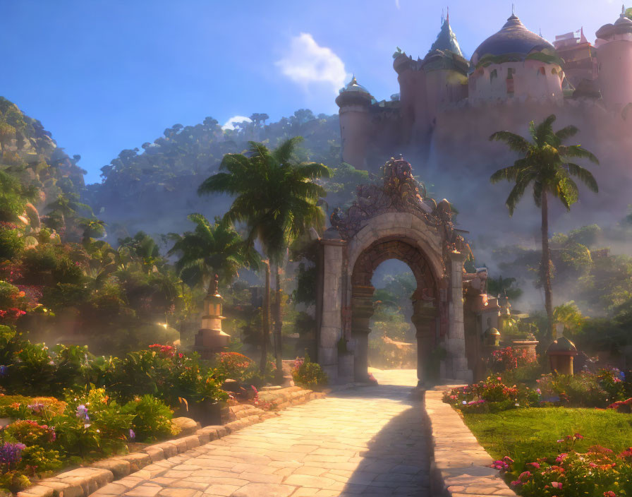 Fantasy garden with stone archway and majestic castle in lush greenery