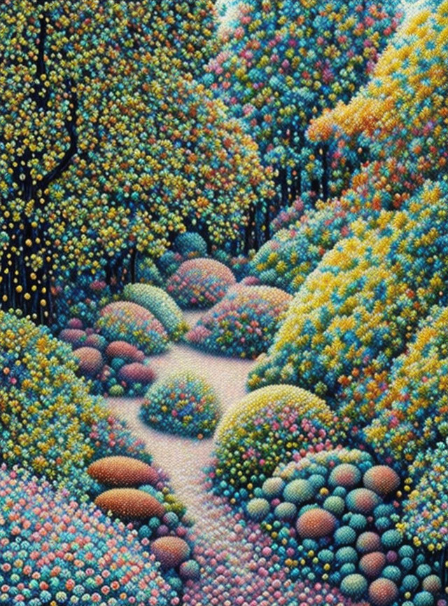 Colorful whimsical forest painting with meandering path and rounded trees.