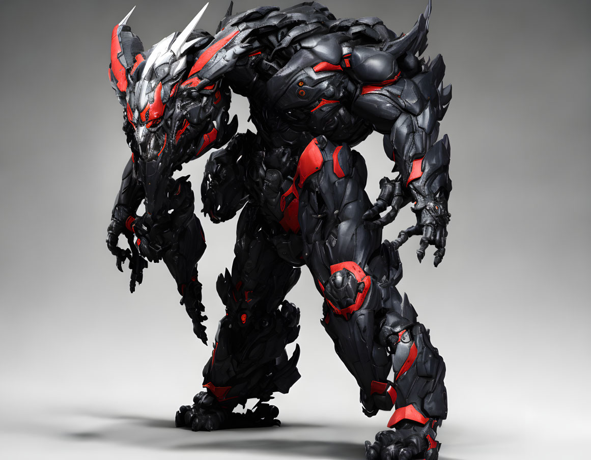 Black and Red Armored Mechanical Beast with Razor-Sharp Claws and Fierce Red Eyes