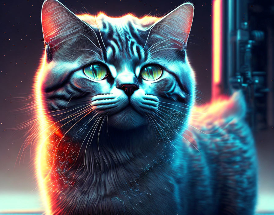 Digitally altered cat image with neon blue and pink hues.