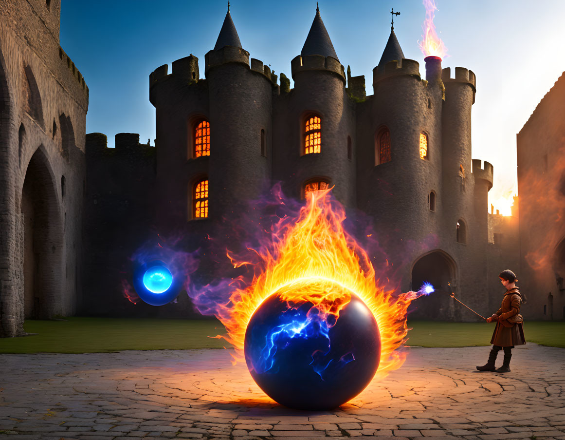 Young wizard casting spells near castle at sunset with fiery orb and magical blue spheres.
