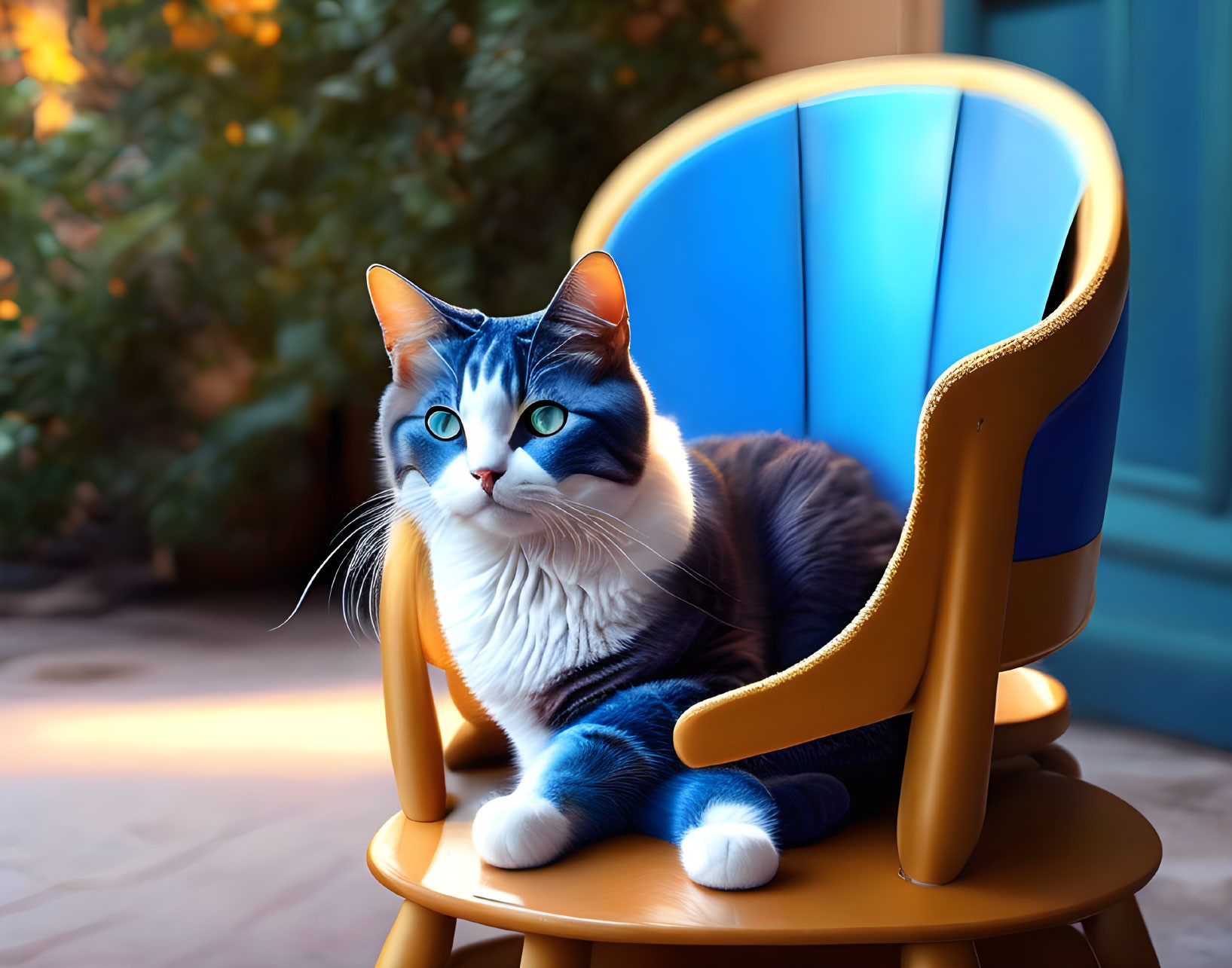 Blue and White Cat with Blue Eyes on Yellow Chair in Warm Background