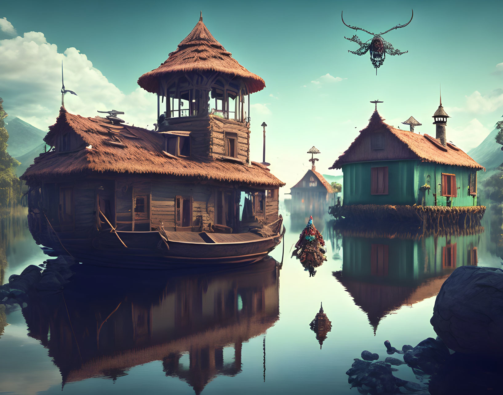 Tranquil fantasy scene with floating thatched houses, mountains, and futuristic airships