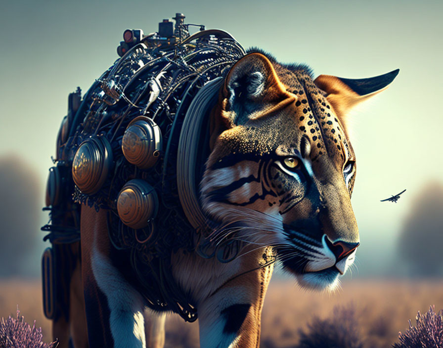 Intricate mechanical tiger art with outdoor background