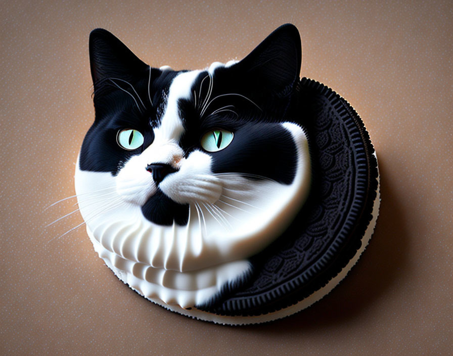 Black and white cat face merged with Oreo cookie in surreal digital artwork