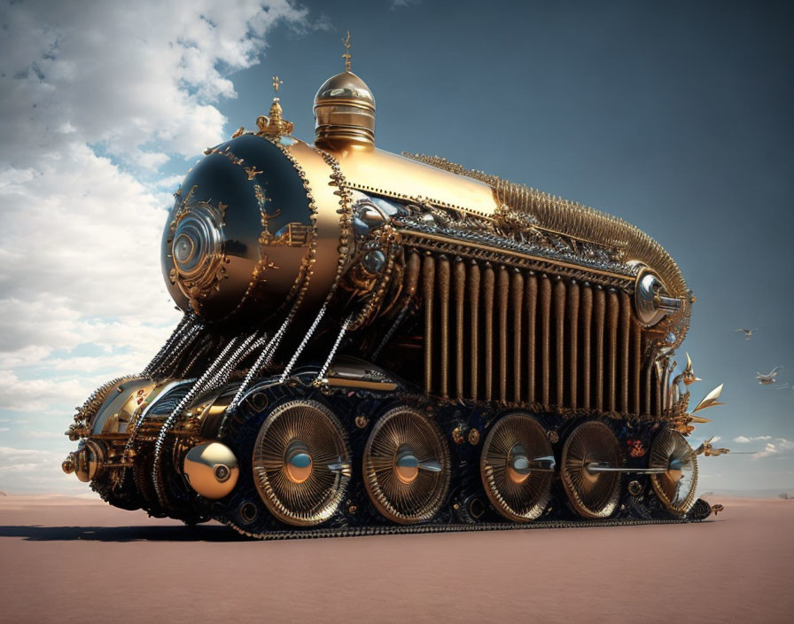 Steampunk-style tank with golden details traversing desert under cloudy sky