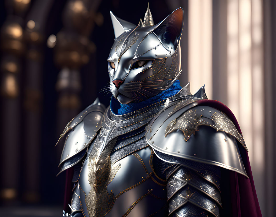 Cat-headed knight in silver and gold armor with blue cape in grand hall