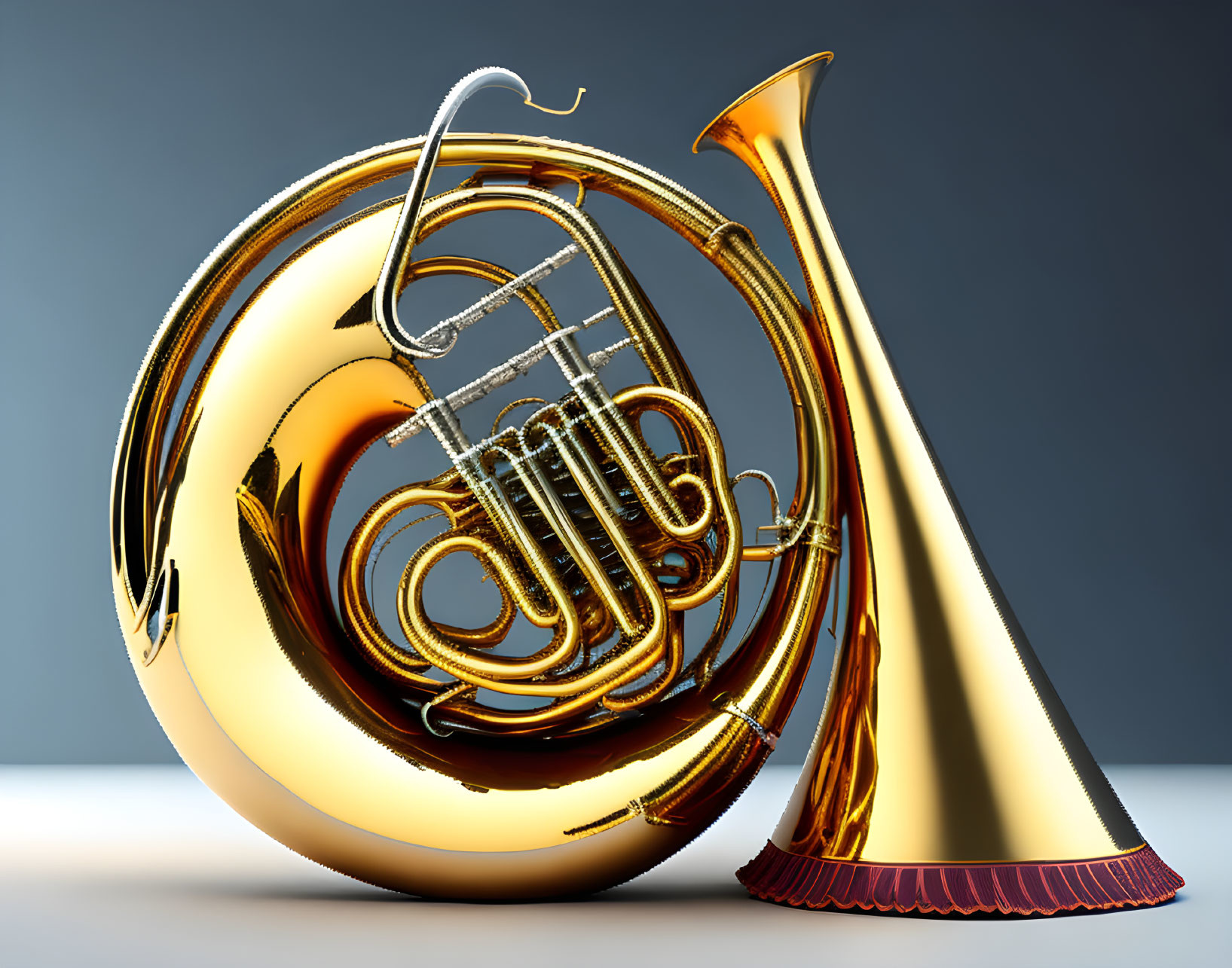 Shiny golden French horn on blue-gray background