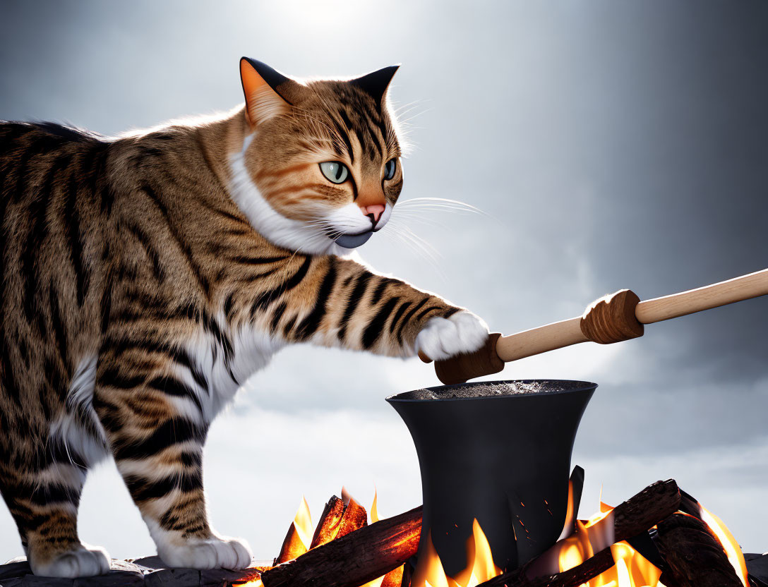 Tabby cat with striking eyes playing with wooden spoon over open flame