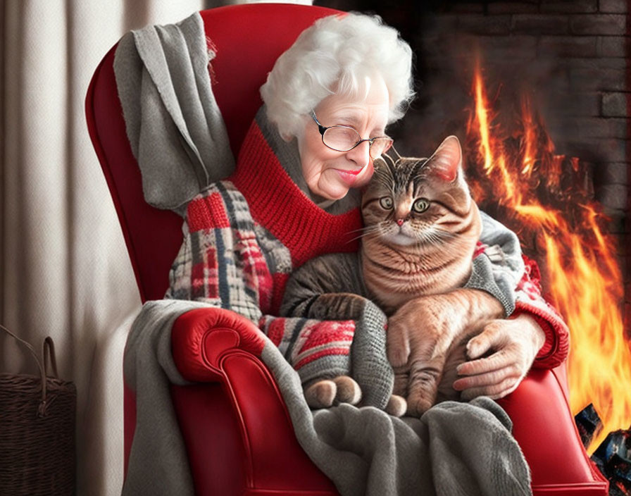 Elderly woman with cat on armchair by fireplace