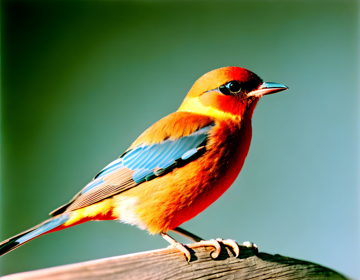 Colorful Bird with Orange and Blue Plumage on Wooden Perch