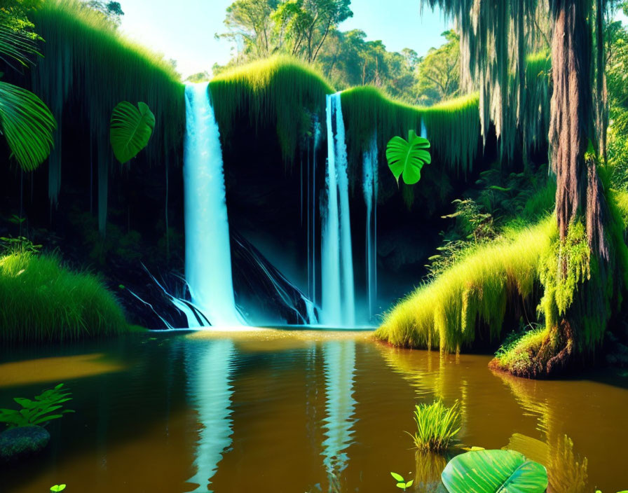 Tranquil pond with lush waterfall and exotic plants