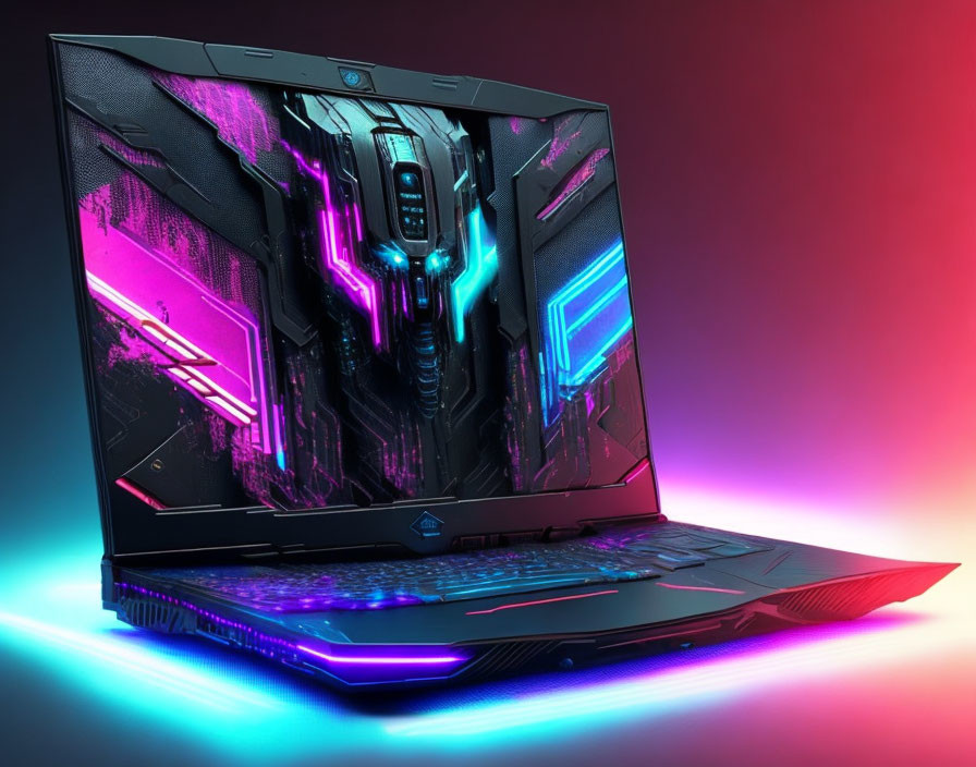 RGB Keyboard on Gaming Laptop with Futuristic Neon Wallpaper