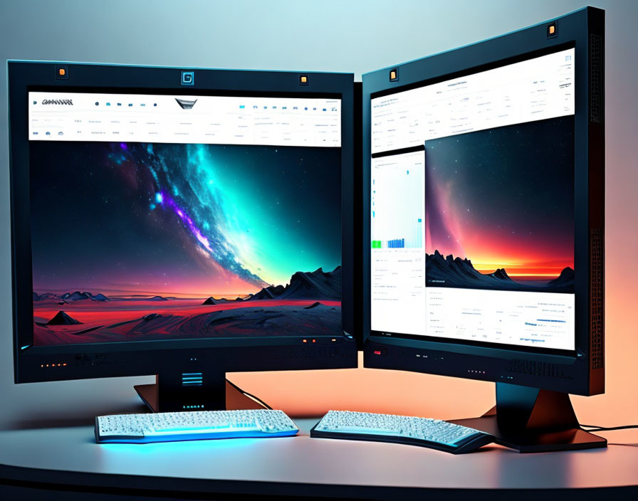 Cosmic dual-monitor desktop setup with backlit keyboards in dimly lit room