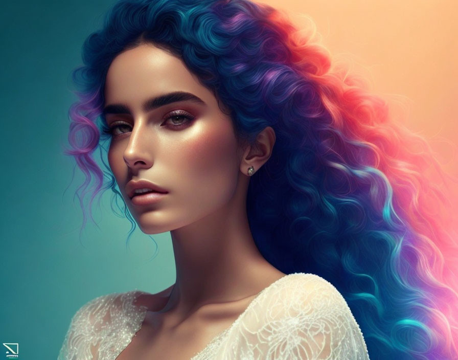 Digital Artwork: Woman with Blue and Purple Wavy Hair in White Lace Garment