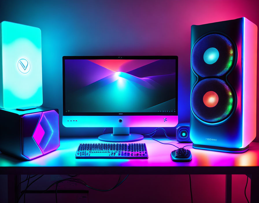 RGB Gaming Setup: Desktop PC, Dual Monitors, Backlit Keyboard & Speakers
