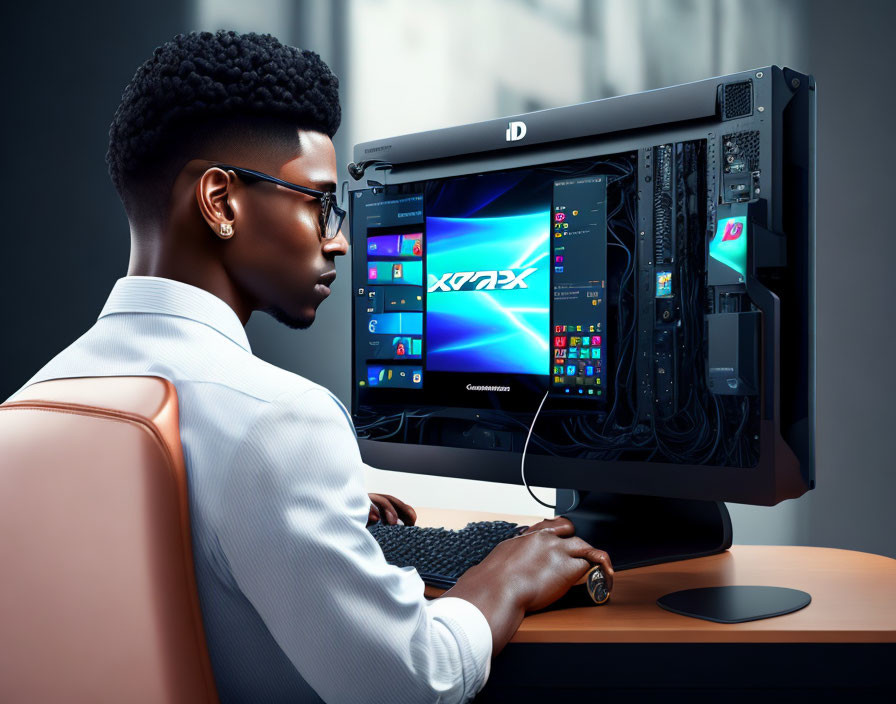 Man with Glasses Using Large-Screen Computer at Desk