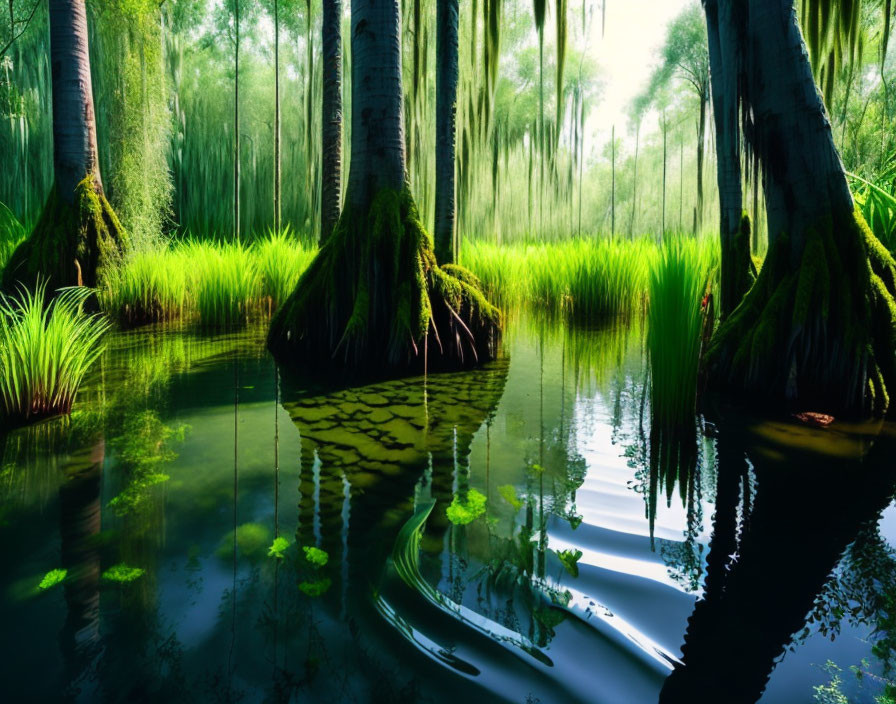 Tranquil swamp scene with sunlight filtering through towering trees
