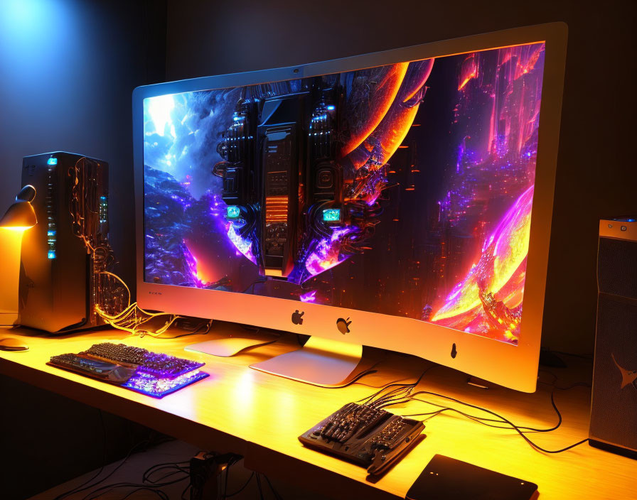 Illuminated Keyboard, Dual Monitors, PC Tower, Speakers in Ambient Orange and Blue Lighting