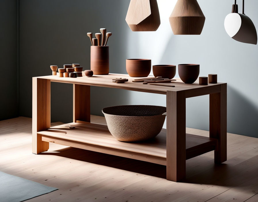 Wooden table with bowls, utensils, vases, and hanging lights on grey wall