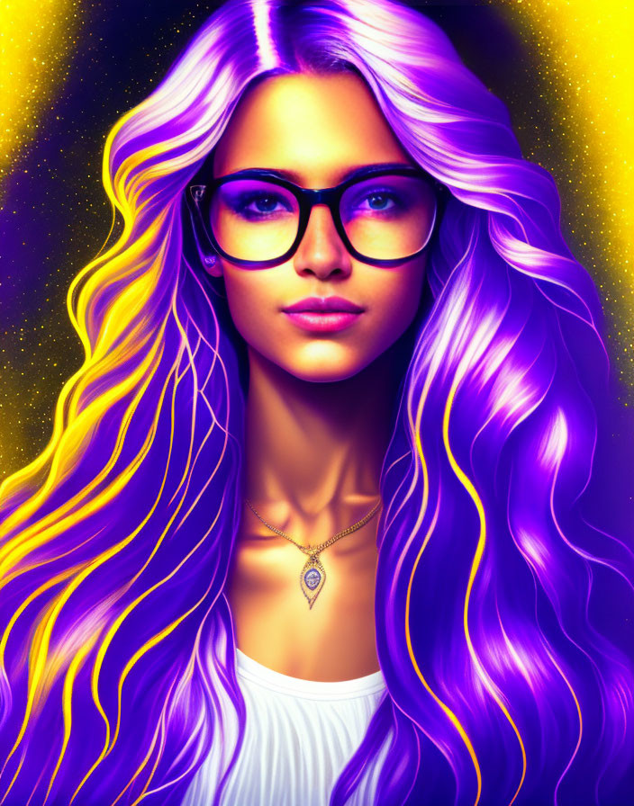 Glowing purple-haired woman with glasses in cosmic setting wearing white top