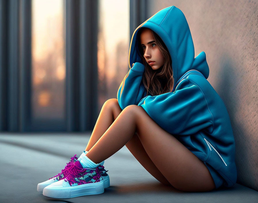 Young woman in blue hoodie sitting against wall with colorful sneakers
