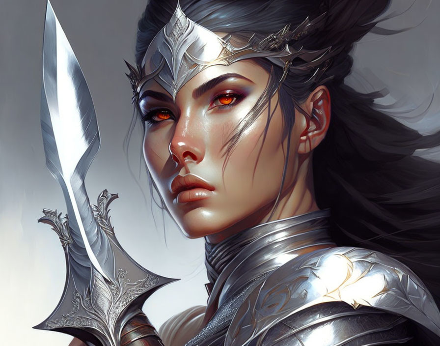Digital artwork of female warrior in silver armor with red eyes and raised sword