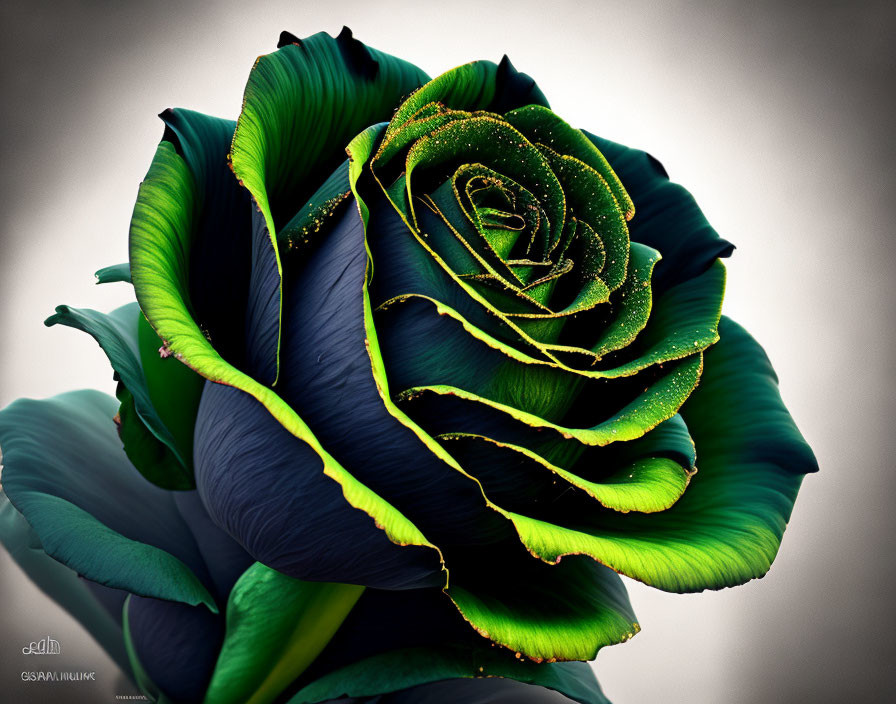 Digitally-altered rose with deep blue petals and bright green edges.