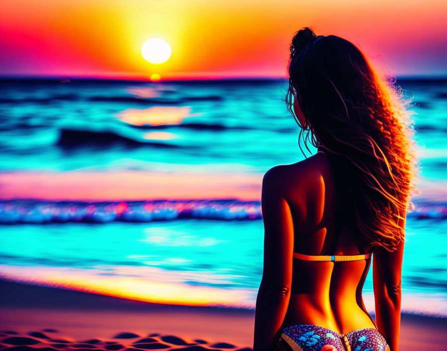 Silhouetted woman in bikini on beach at sunset