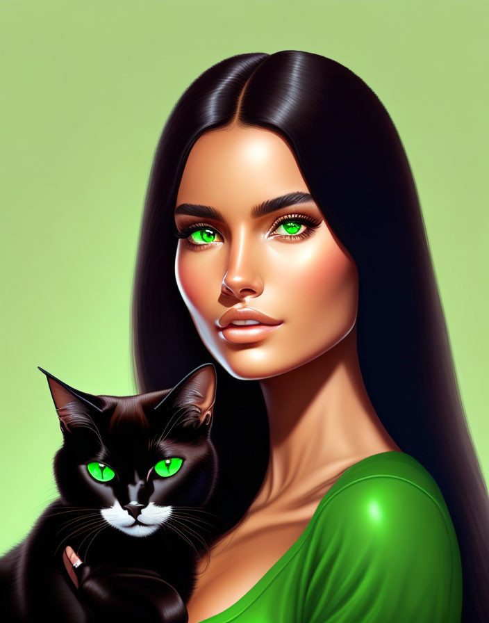 Digital artwork of woman with long black hair and green eyes holding black and white cat.