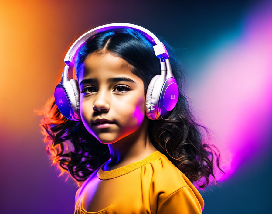 Serious young girl in yellow top with headphones under colorful lighting