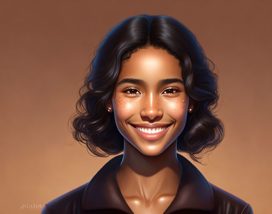 Smiling woman with freckles and wavy hair in digital art