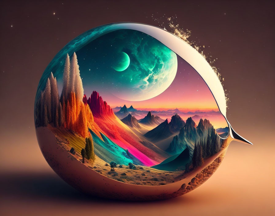 Circular surreal landscape with colorful mountains and night sky.