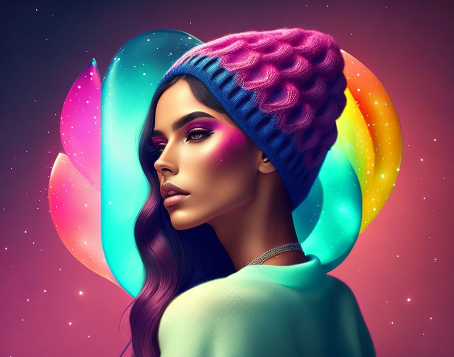 Digital artwork: Woman with vibrant makeup and purple beanie, neon wings, starry background