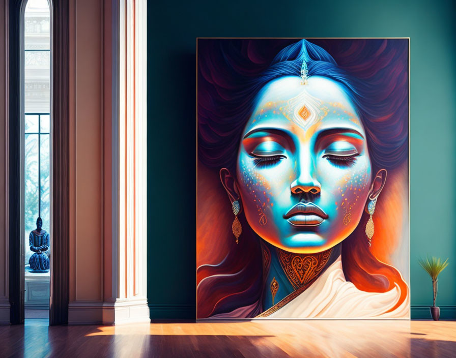 Blue-skinned woman adorned with jewelry in modern room with classical view