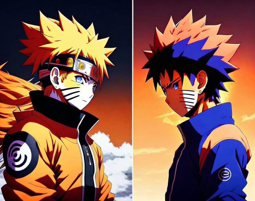 Animated characters with spiky hair in orange and blue outfits against sunset sky