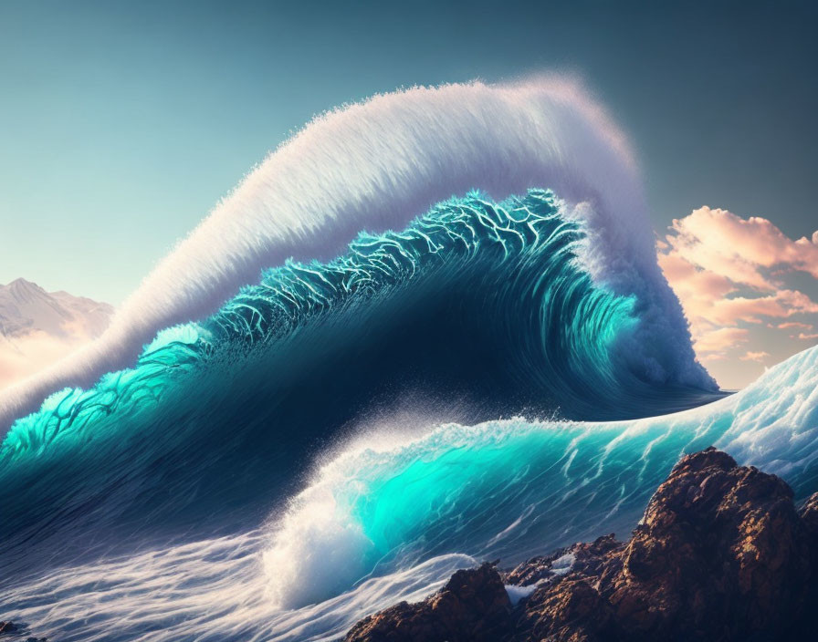 Majestic wave curling against dramatic mountains and serene sky