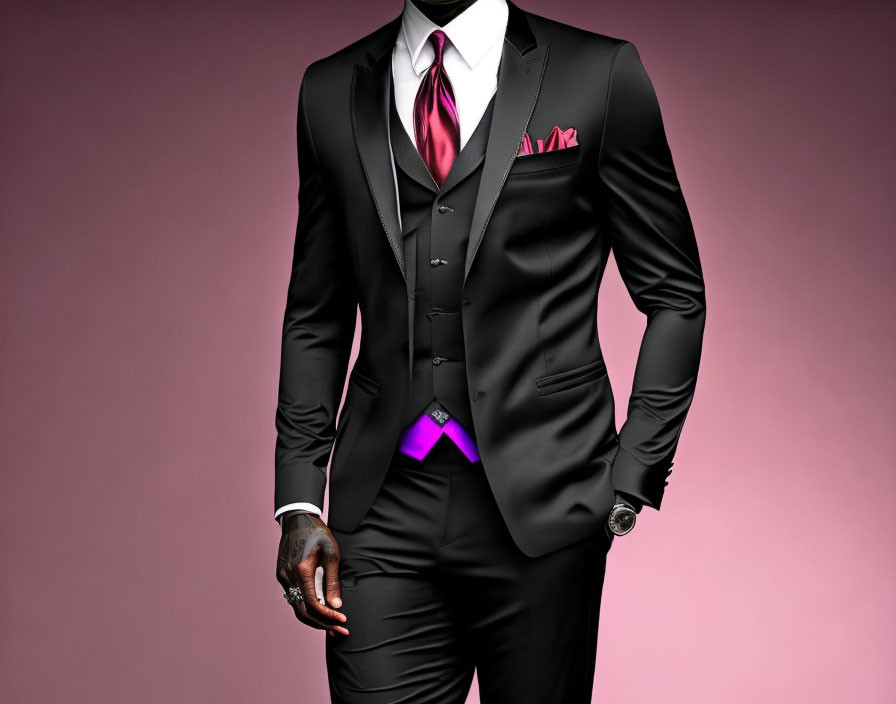 Mannequin in Black Suit with Pink Tie and Purple Belt