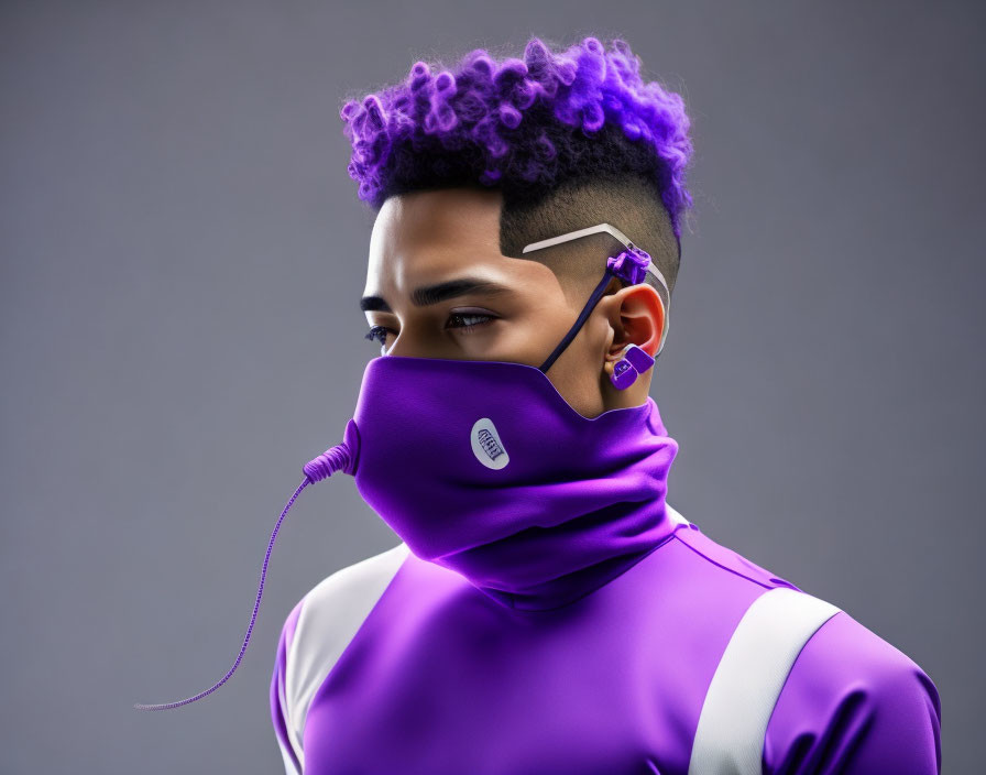 Person with purple hair, wireless earbuds, and high-neck mask on grey background