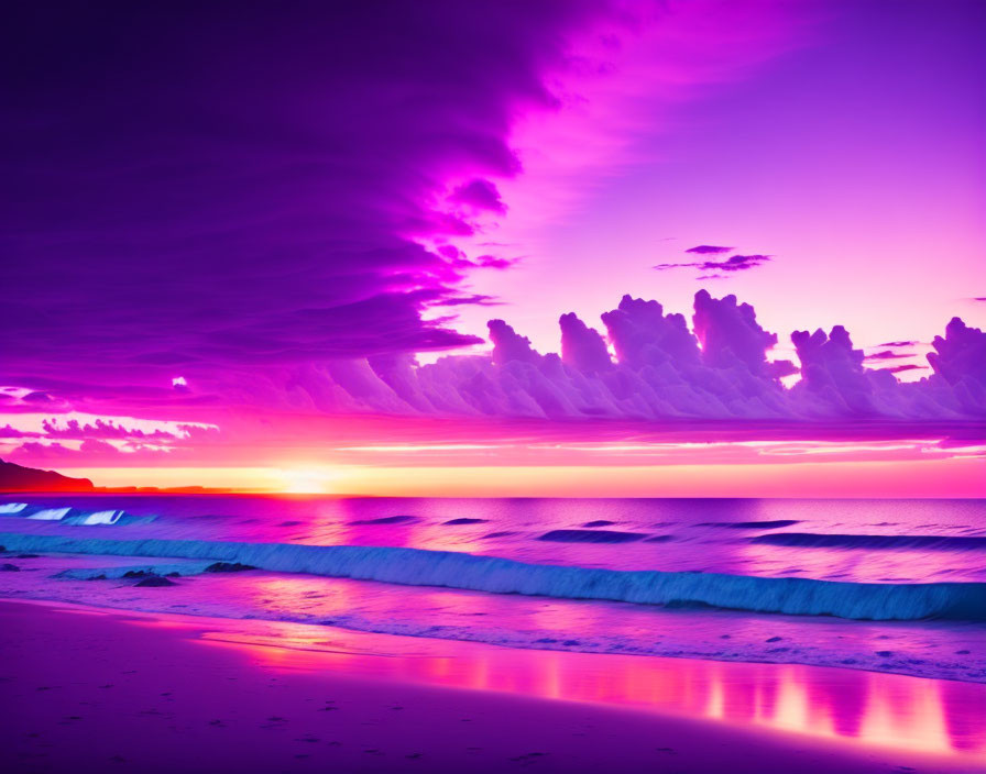 Tranquil sunset scene with purple and pink sky, dark clouds, sea, and sandy beach