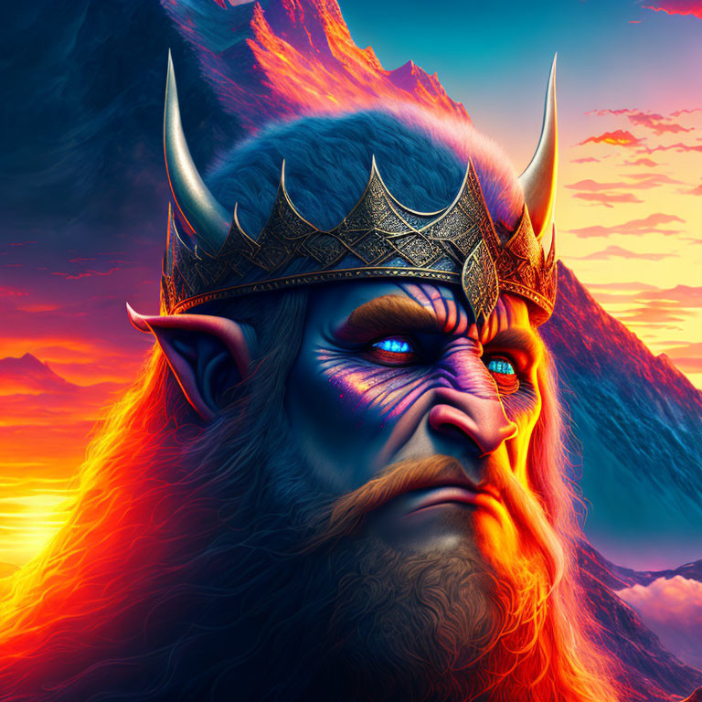 Blue-skinned fantasy character with crown and horns in mountain sunset scene