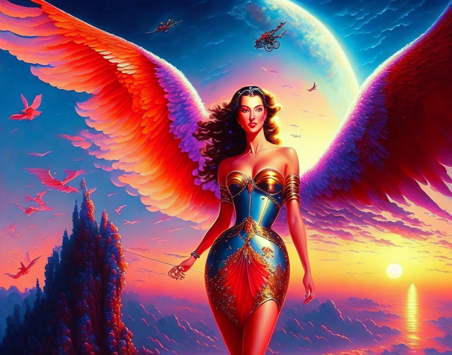 Fantastical sky art: Woman with fiery wings, moons, birds, and Pegasus.