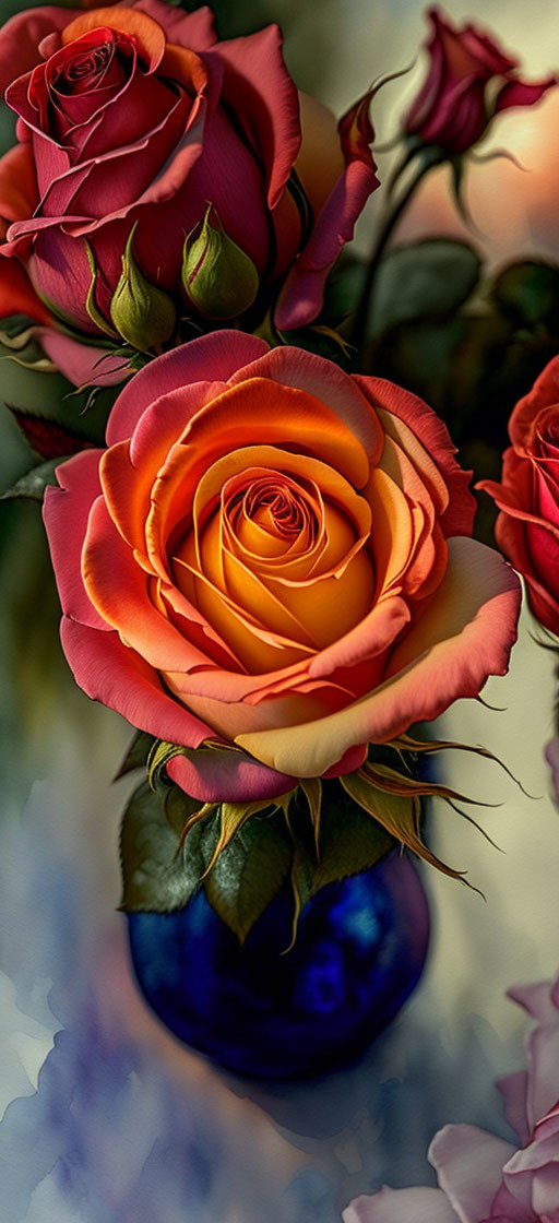 Bright orange-yellow roses with pink hints in blue vase on soft-focused backdrop