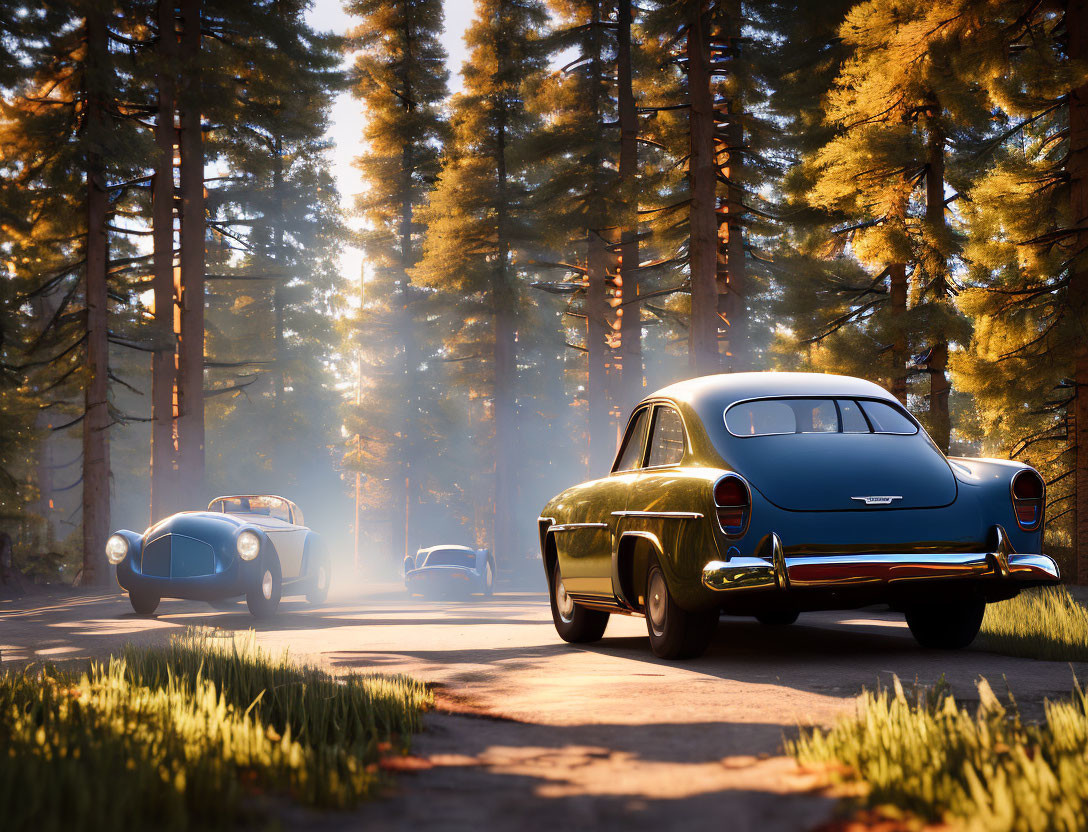 Classic cars in forest sunset with sun rays through pine trees