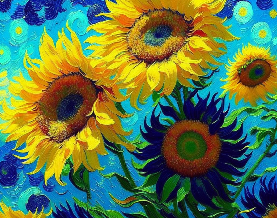 Colorful sunflower painting with swirling blue background