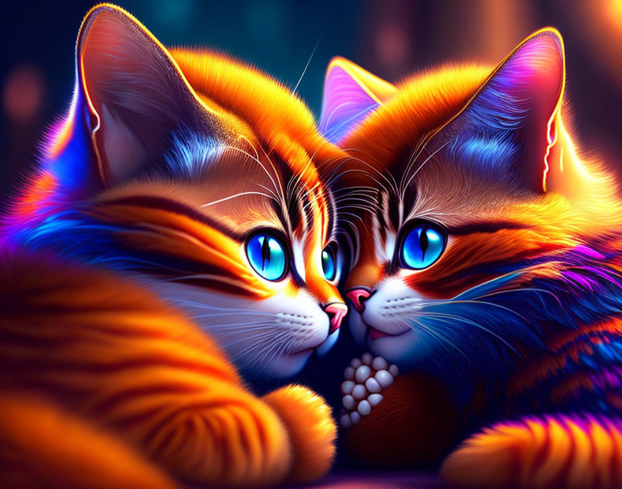 Vibrant neon-colored digital artwork of cats with glowing fur and blue eyes