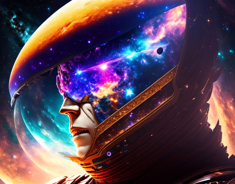 Surreal portrait featuring human head with space helmet and cosmic visor.