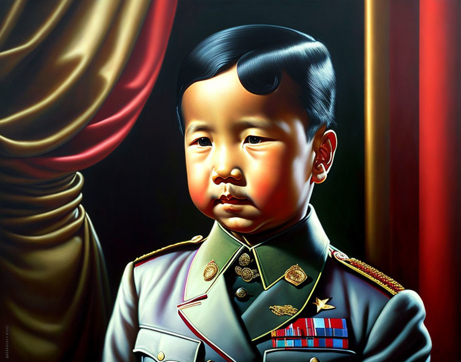 Young boy in military uniform with medals against red curtain