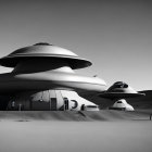 Futuristic UFO-inspired building in desolate landscape